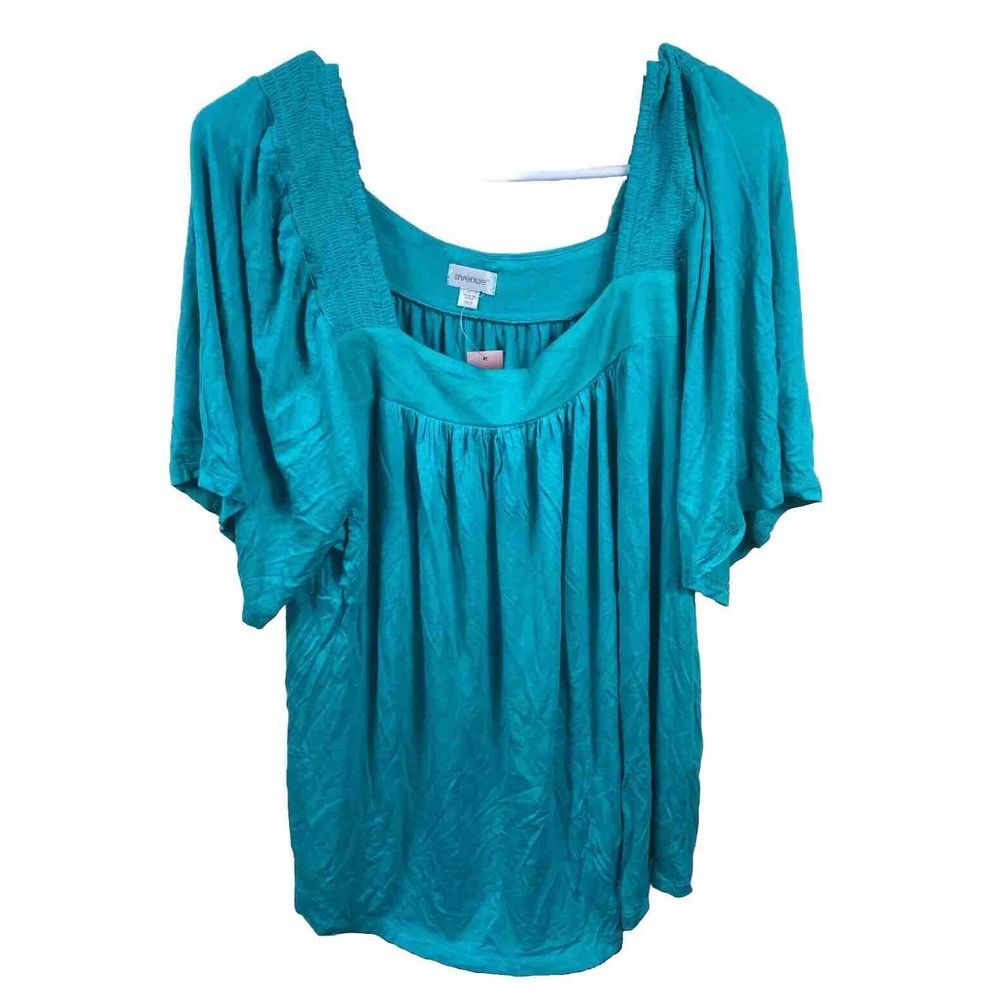 Avenue Blouse Womens Size 18/20 Green Tunic Boho Shirt‎ Short Sleeve Square Neck